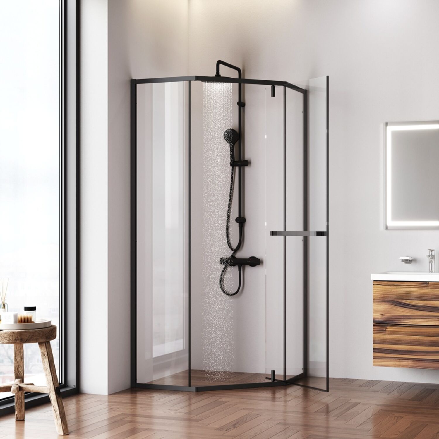 Душевой уголок AM.PM Gem 90x90, без поддона, стекло прозрачное, профиль черный матовый - фото 1