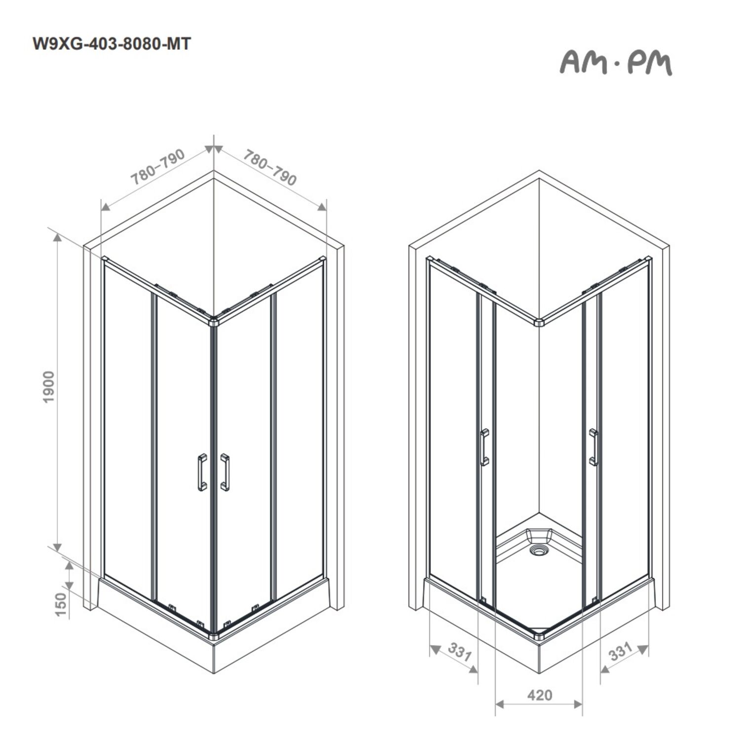 Душевой уголок AM.PM Above W9XG-403-8080-MT 80x80, стекло прозрачное, профиль хром матовый - фото 1