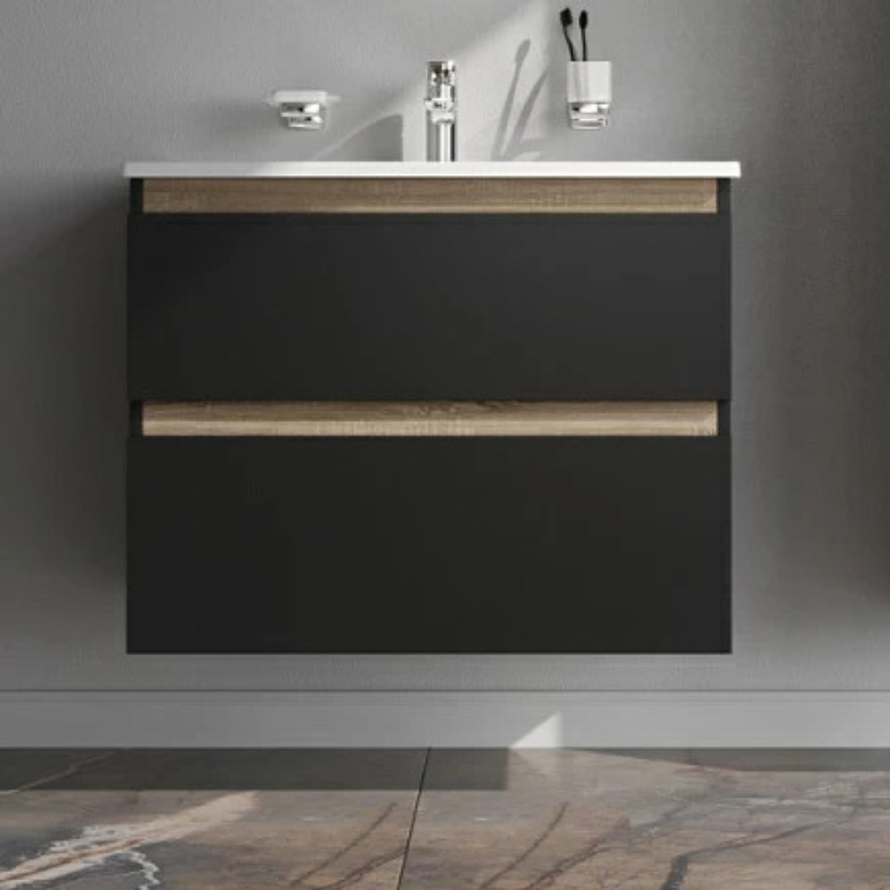 Тумба под раковину AM.PM X-Joy 80 подвесная, цвет черный матовый/дерево - фото 1