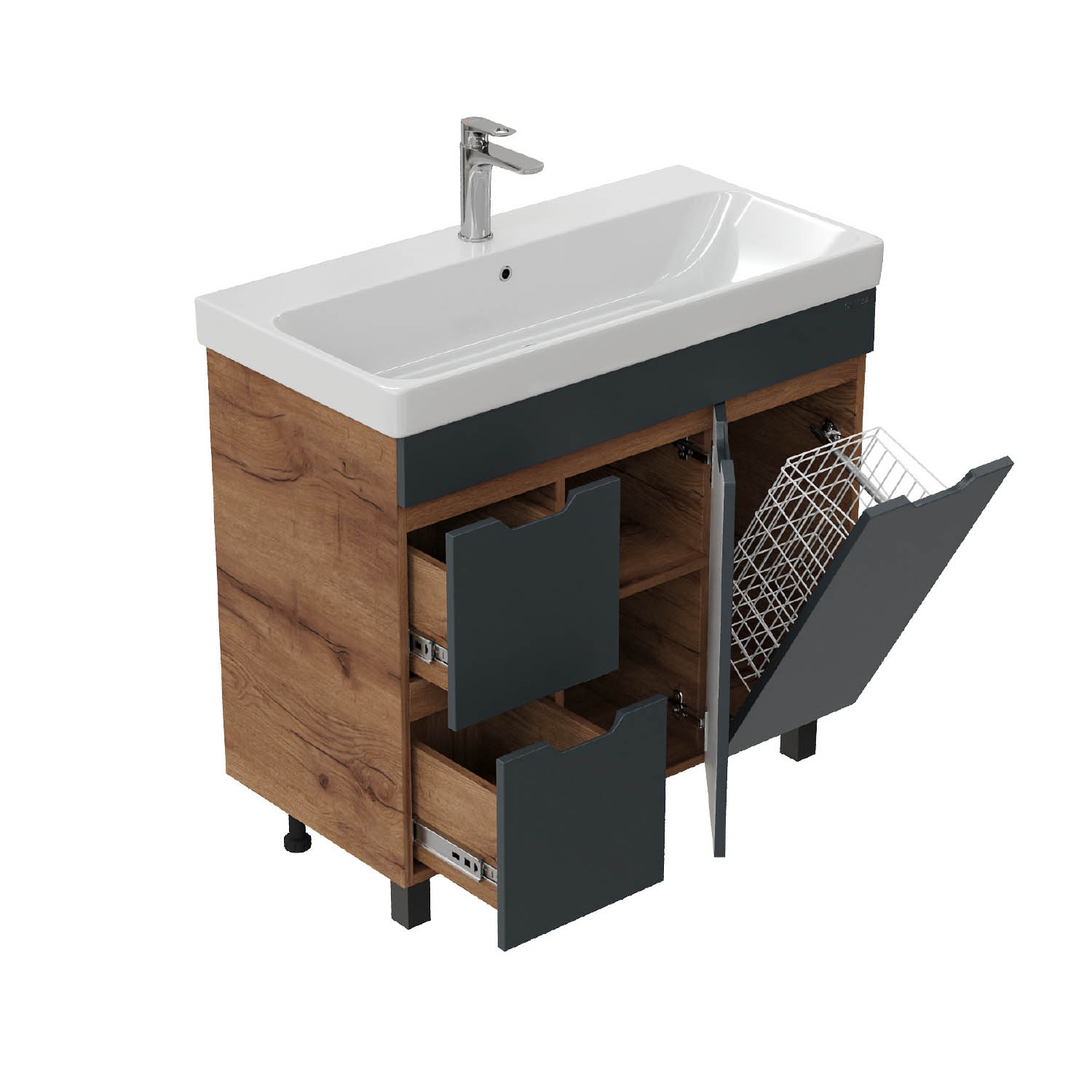 Мебель для ванной Оника Айленд 90, с бельевой корзиной, цвет графит / дуб крафт золотой