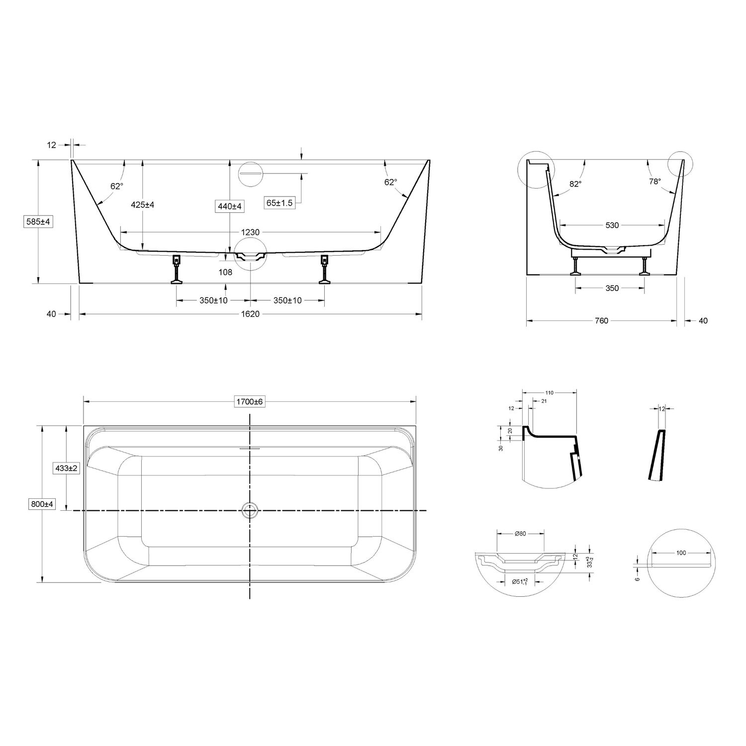 Ванна Vincea VBT-702-1700 170x80 акриловая, цвет белый - фото 1