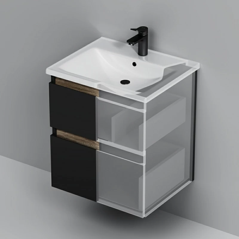 Тумба под раковину AM.PM X-Joy 55 подвесная, цвет черный матовый/дерево - фото 1