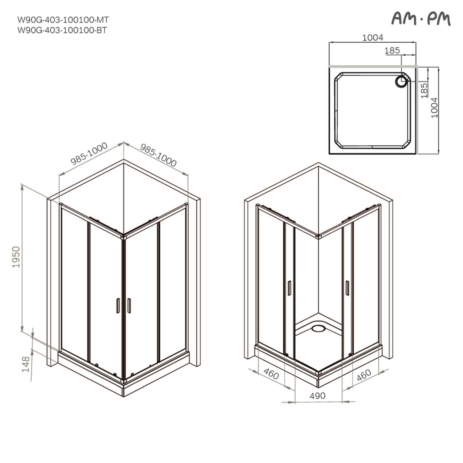 Душевой уголок AM.PM Gem W90G-403-100100-MT 100x100, стекло прозрачное, профиль хром матовый - фото 1