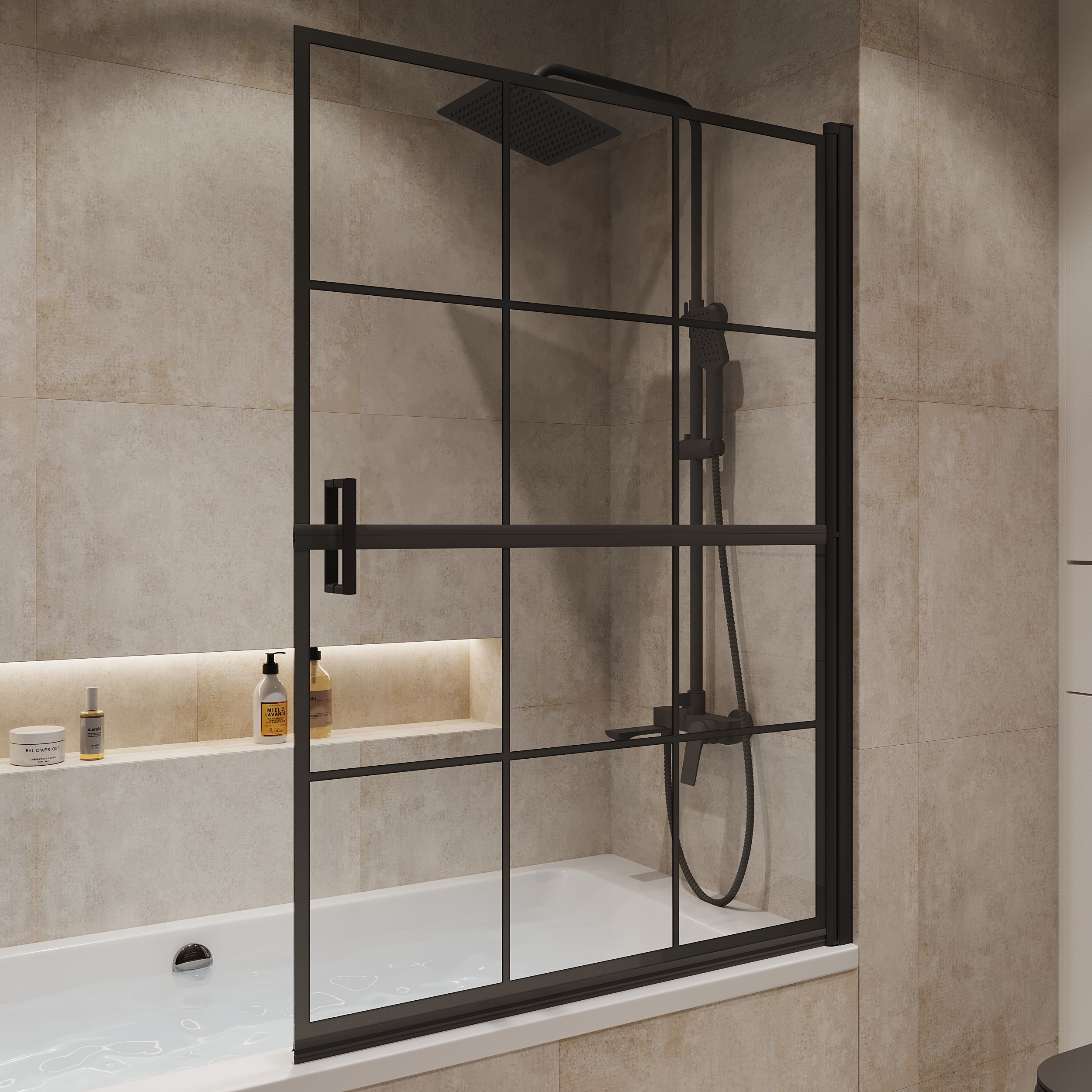 Шторка на ванну Niagara Nova NG-08-10 Black 100x140, стекло прозрачное с рисунком клетка, профиль черный матовый