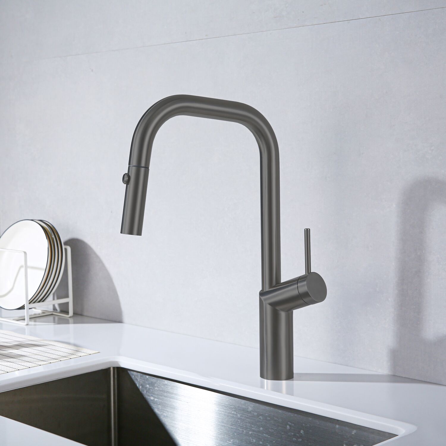 Смеситель Vincea VKF-107GM для кухни, с выджвижным изливом, цвет вороненая сталь - фото 1