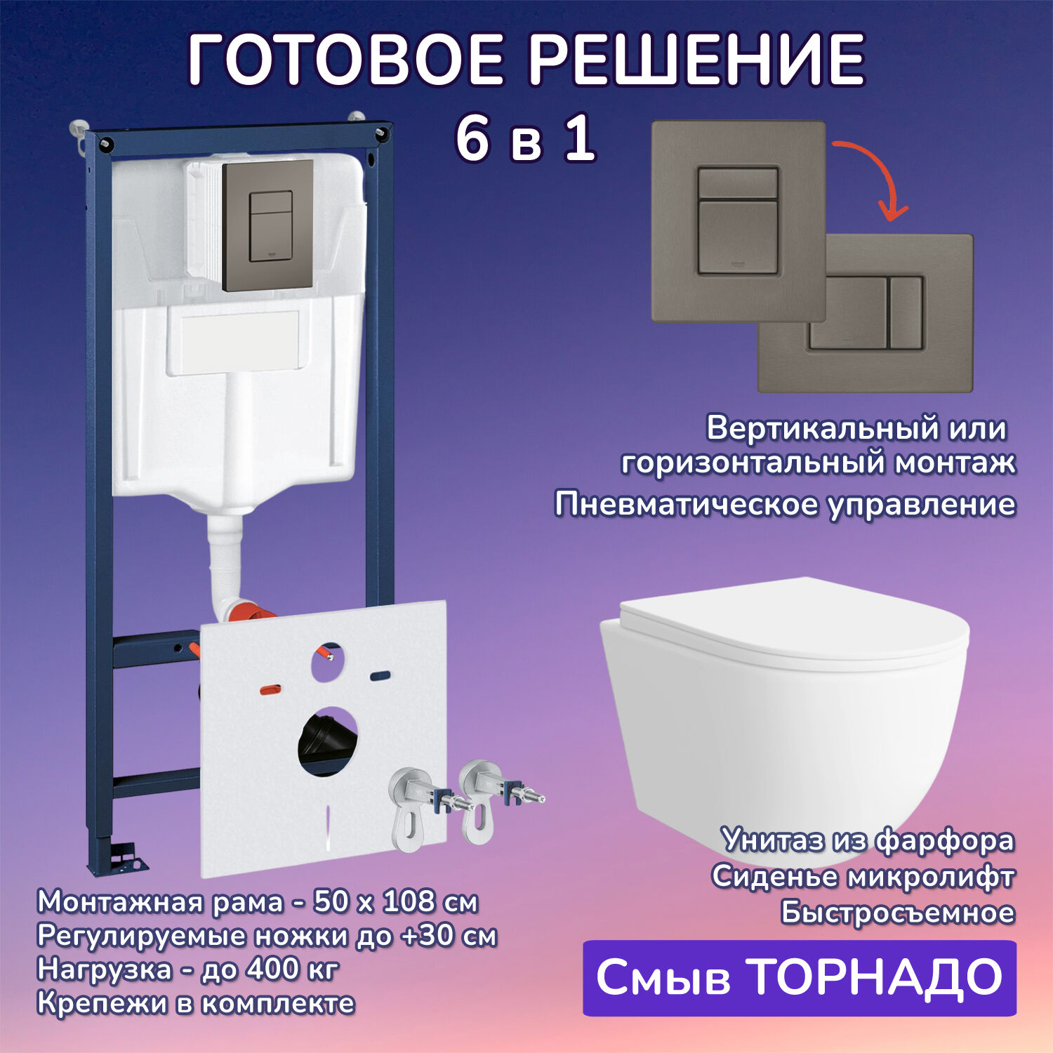 Комплект: Инсталляция JOKI Grand JK02155П+Кнопка 38732GUNGRAY оружейная сталь+Stella XL T JK5751037 белый унитаз, смыв торнадо