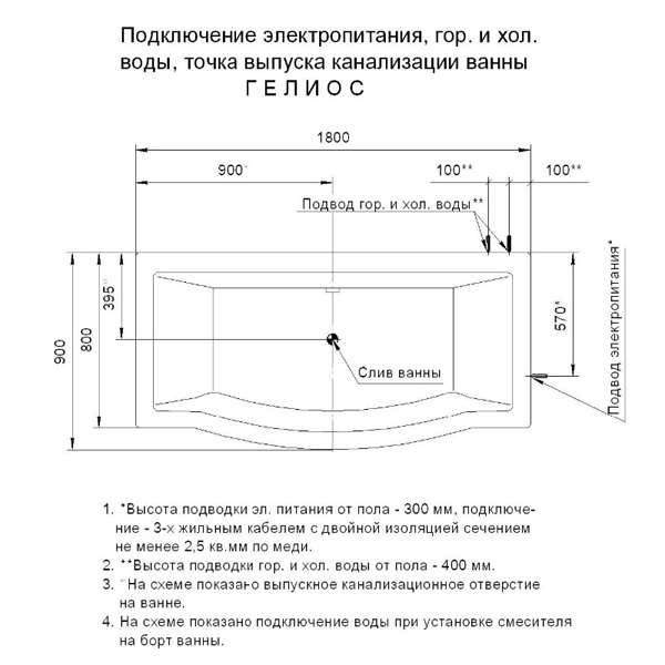 Акриловая ванна Акватек Гелиос 180х90, цвет белый