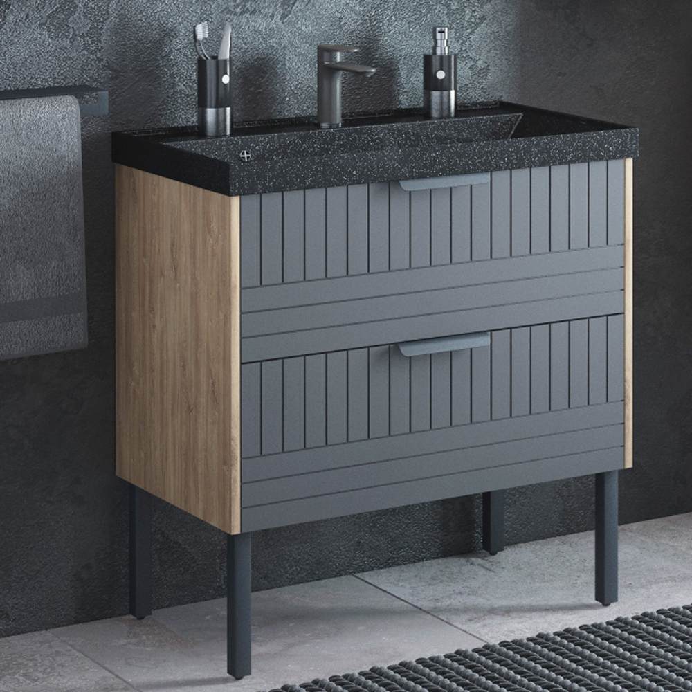 Мебель для ванной Corozo Инди 80, напольная/подвесная, с черной раковиной Стандарт, цвет дуб канзас/графит - фото 1