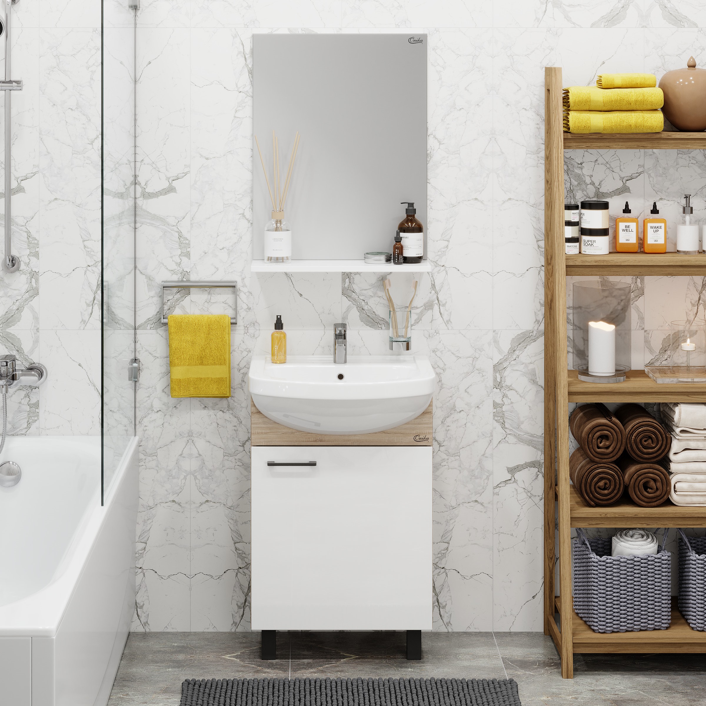 Мебель для ванной Оника Эко 52 Black, напольная, цвет белый / дуб сонома