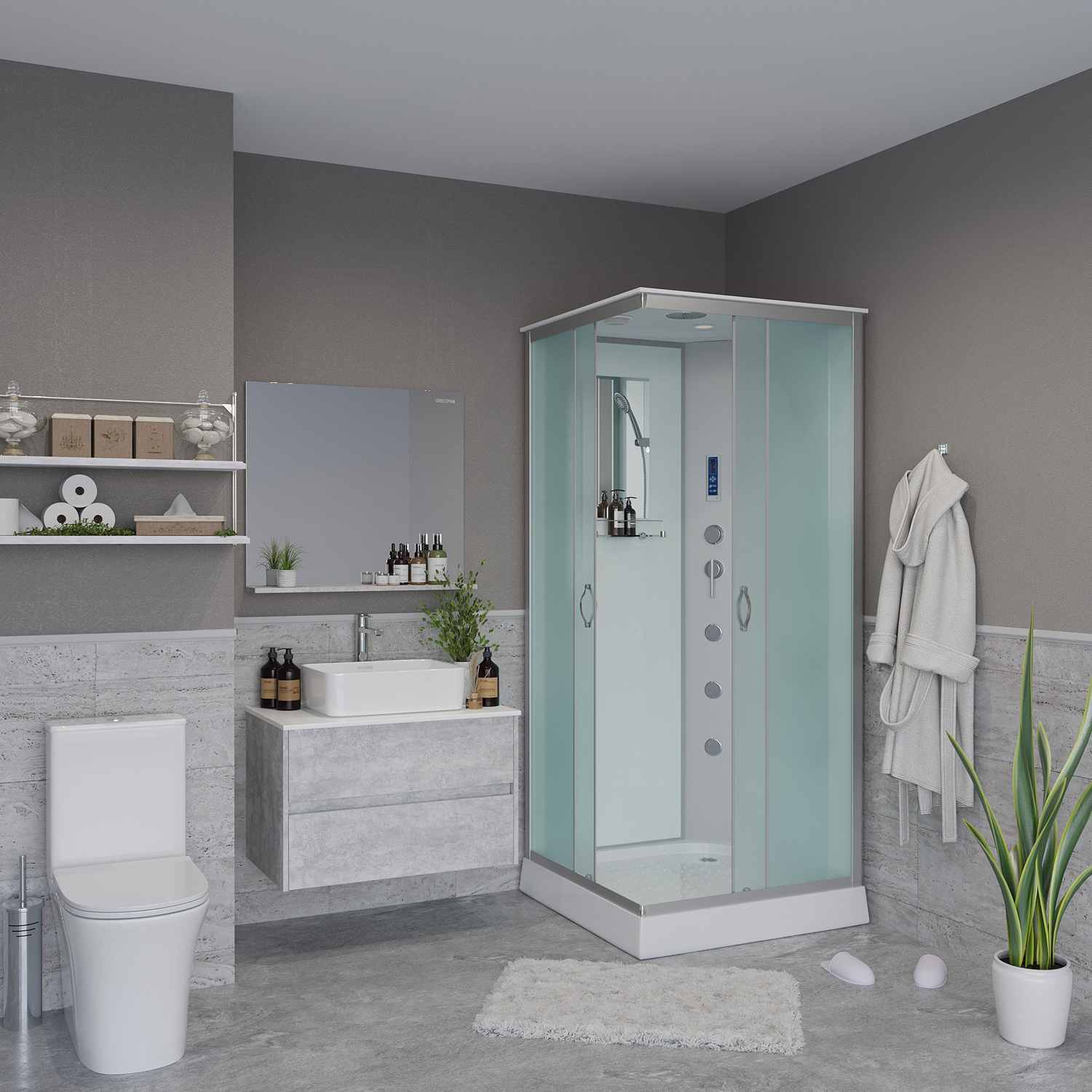 Душевая кабина Niagara Classic NG-1101-14F 90x90, стекло матовое, профиль серебро, с крышей, с гидромассажем, с пультом управления