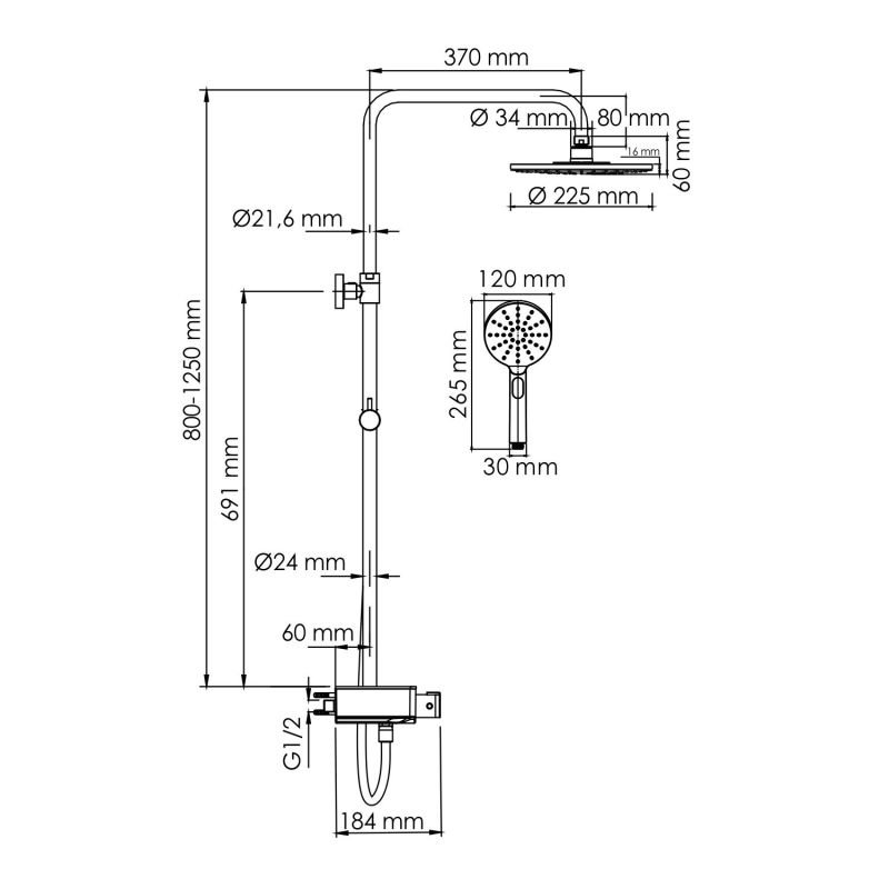 Душевая стойка WasserKRAFT A113.067.127.CH Thermo, с верхним душем, термостатическим смесителем, цвет хром - фото 1