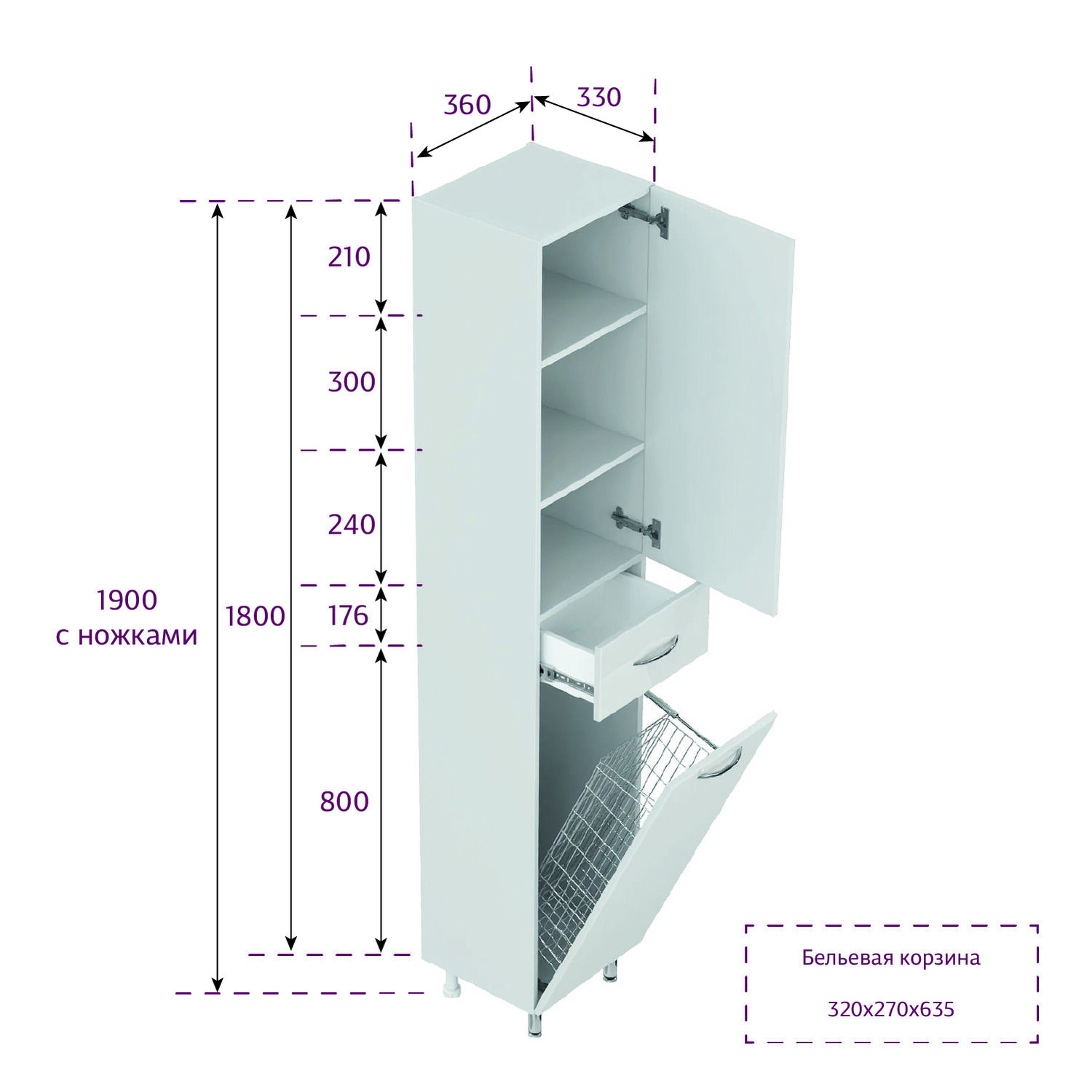 Шкаф-пенал Оника Модерн 36 напольный, правый, с бельевой корзиной, цвет белый - фото 1