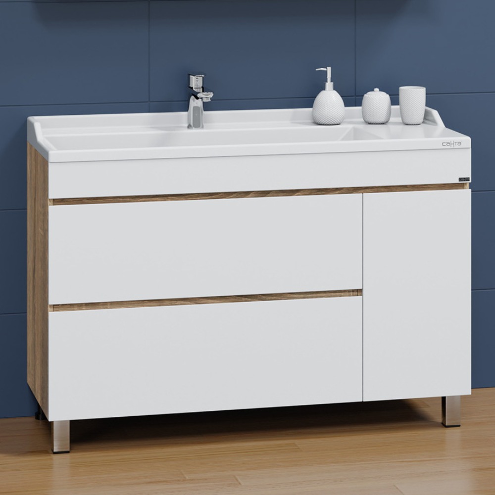 Тумба под раковину Санта Марс 120, напольная, с 2 ящиками и дверцей, цвет белый / янтарное дерево