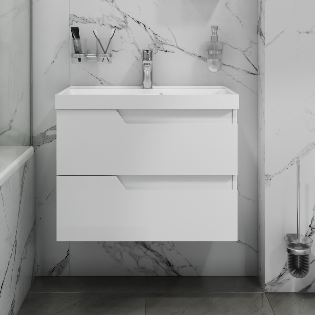 Тумба под раковину Санта Антарес 70, подвесная, 2 ящика, цвет белый глянец