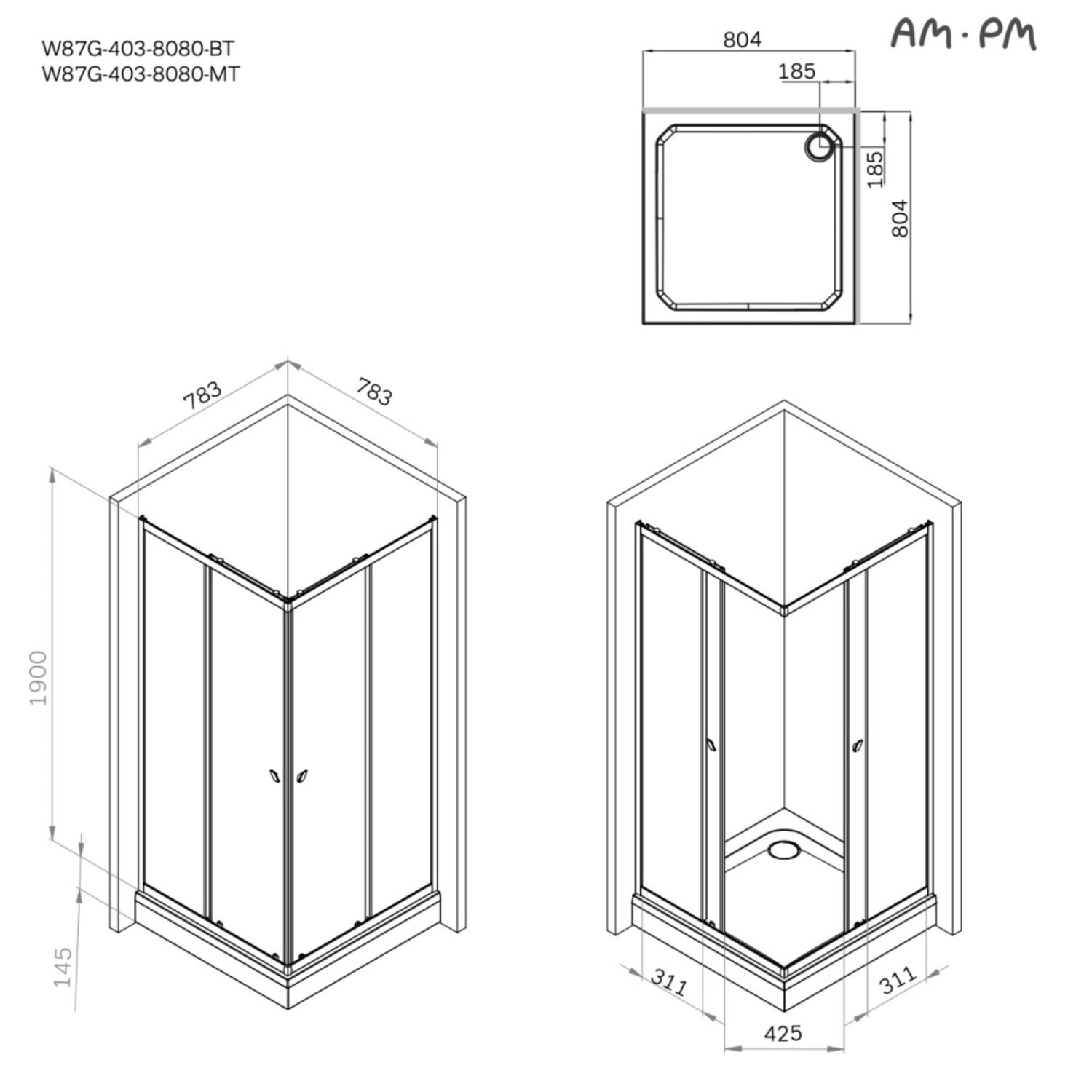 Душевой уголок AM.PM Sunny W87G-403-8080-BT 80x80, без поддона, стекло прозрачное, профиль черный матовый - фото 1