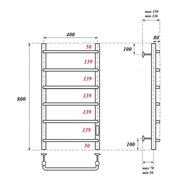 Полотенцесушитель Point П6 40x80 электрический, правый, цвет хром