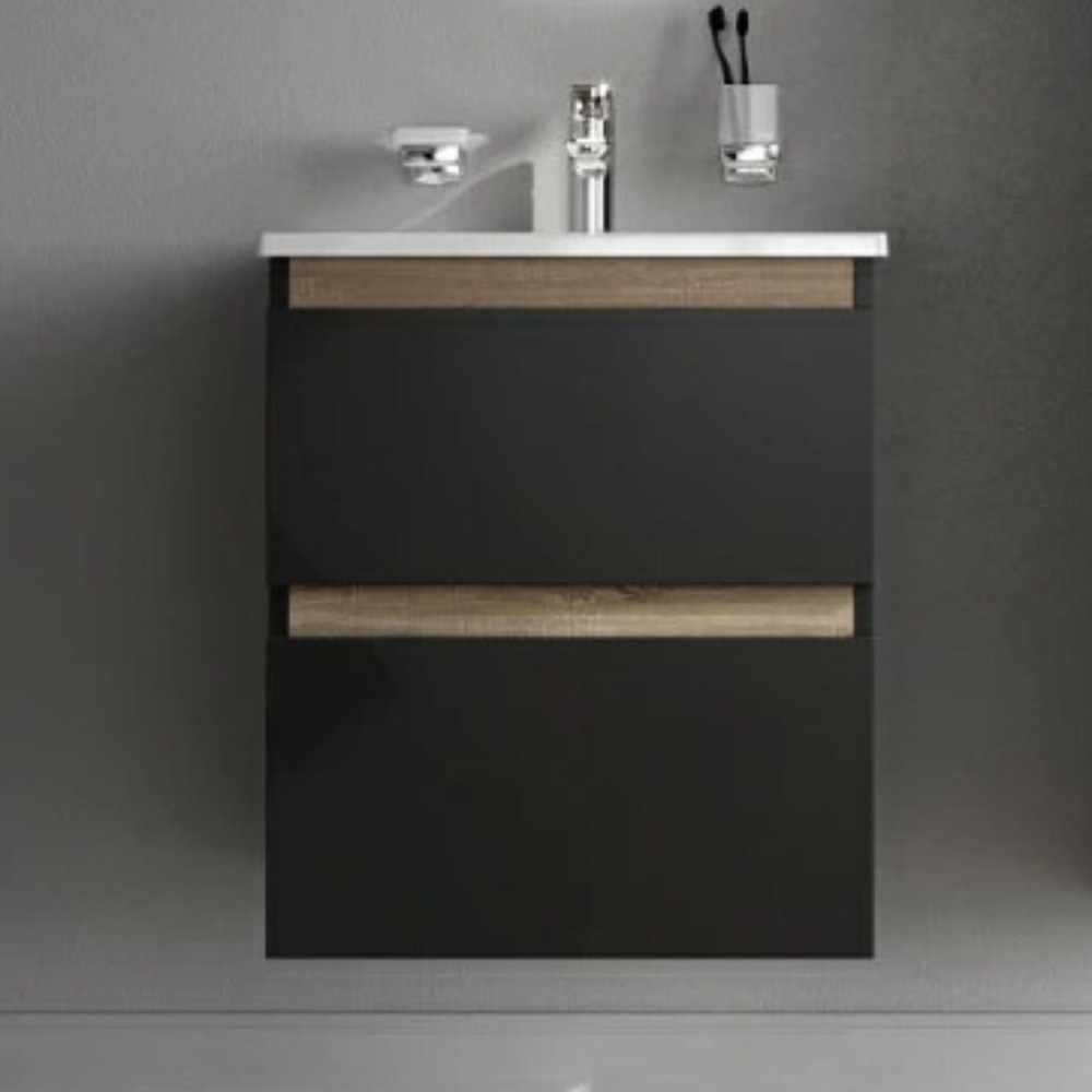 Тумба под раковину AM.PM X-Joy 55 подвесная, цвет черный матовый/дерево - фото 1