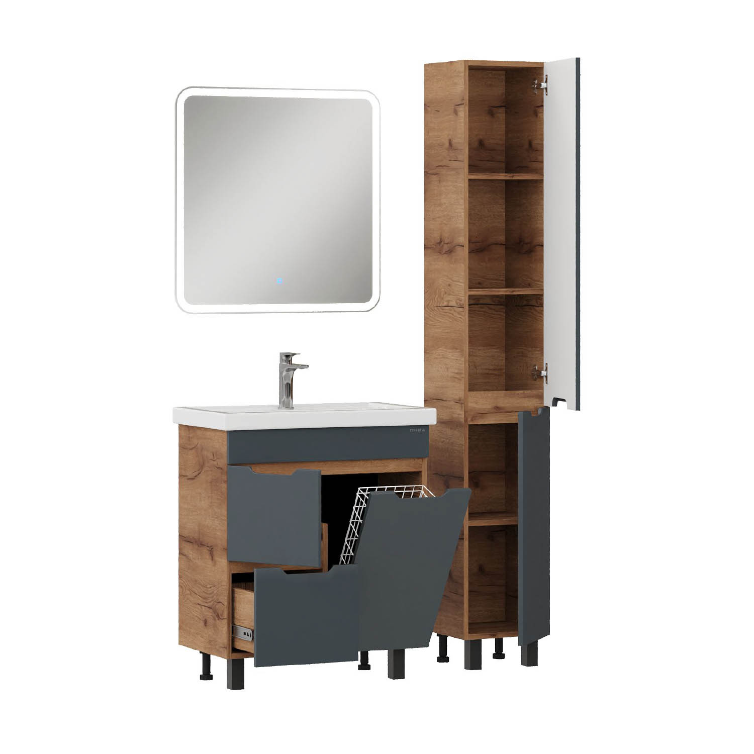 Мебель для ванной Оника Айленд 70, с бельевой корзиной, цвет графит / дуб крафт золотой