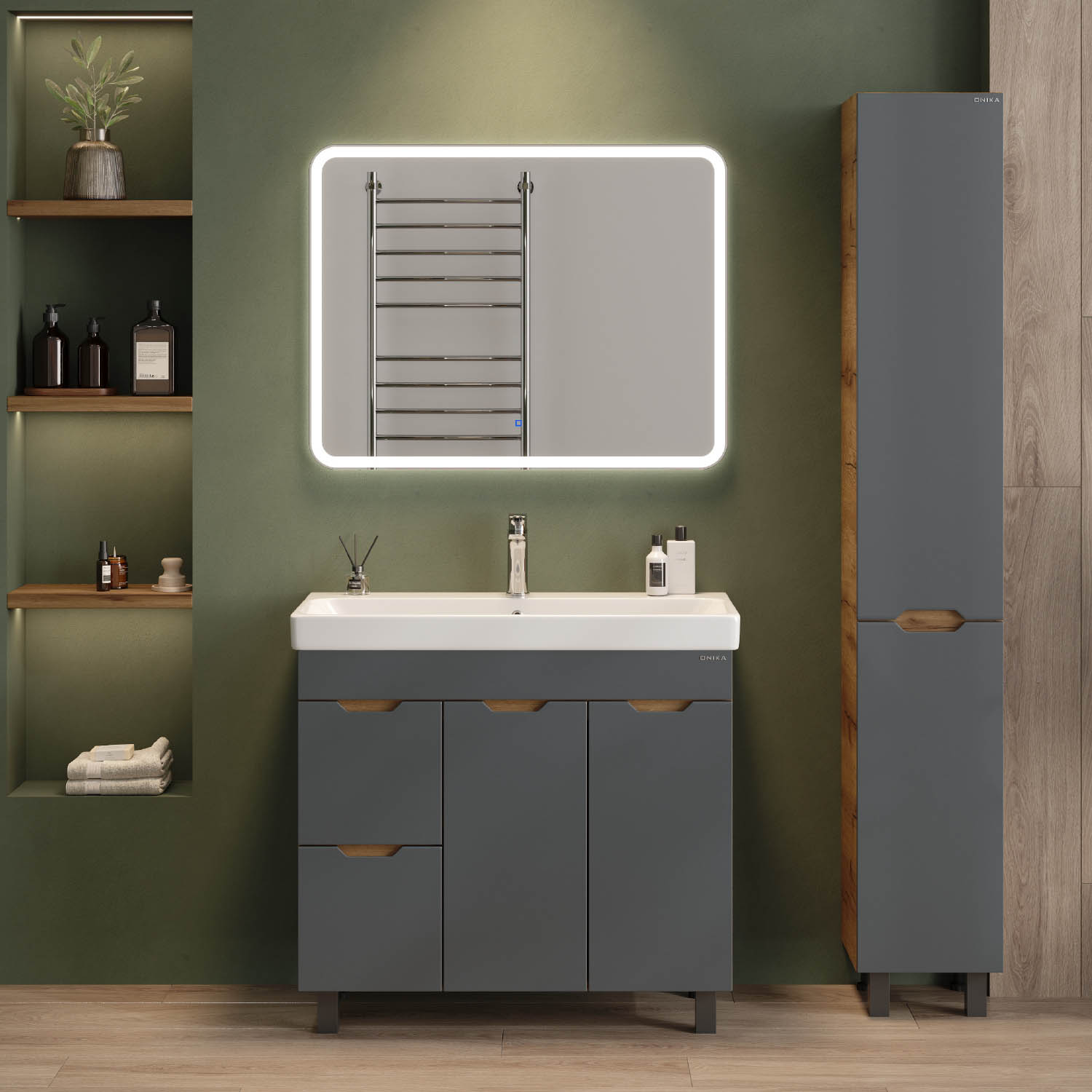 Мебель для ванной Оника Айленд 90, с бельевой корзиной, цвет графит / дуб крафт золотой