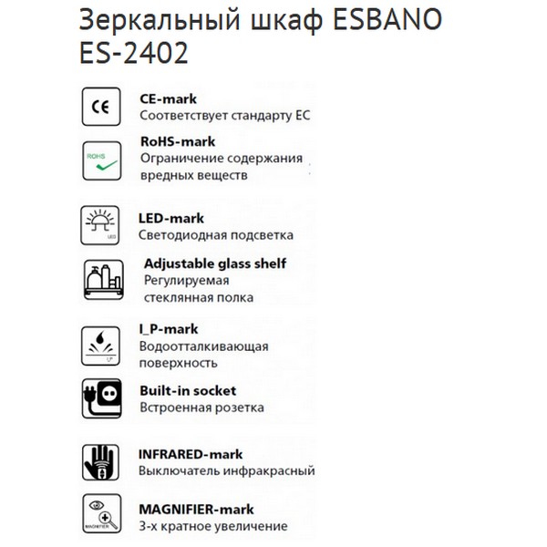 Шкаф-зеркало Esbano ES-2402 50x70, LED-подсветка, увеличение, розетка, инфракрасный выключатель - фото 1