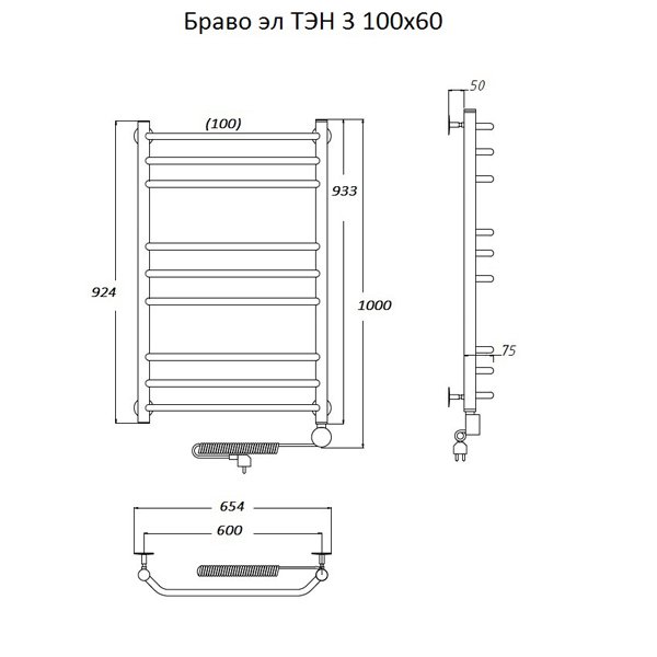 Полотенцесушитель Тругор Браво эл ТЭН 3 100x60 электрический - фото 1