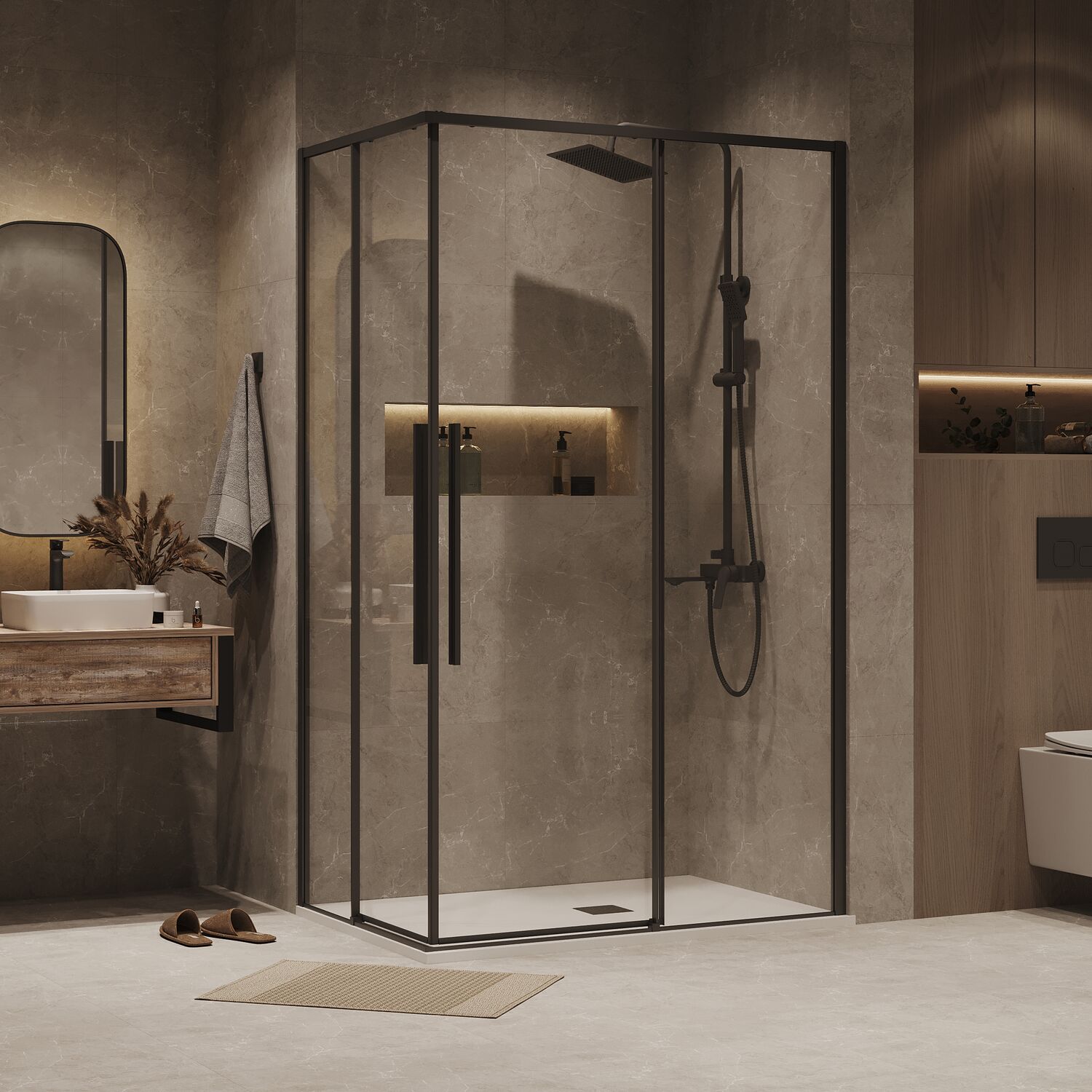 Душевой уголок Grossman Galaxy 300.K33.01.9080.21.00 90х80, стекло прозрачное, профиль черный матовый - фото 1