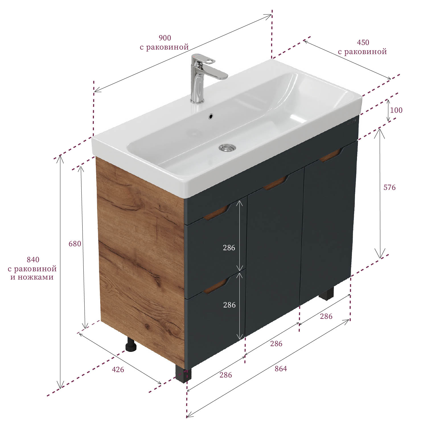 Мебель для ванной Оника Айленд 90, с бельевой корзиной, цвет графит / дуб крафт золотой