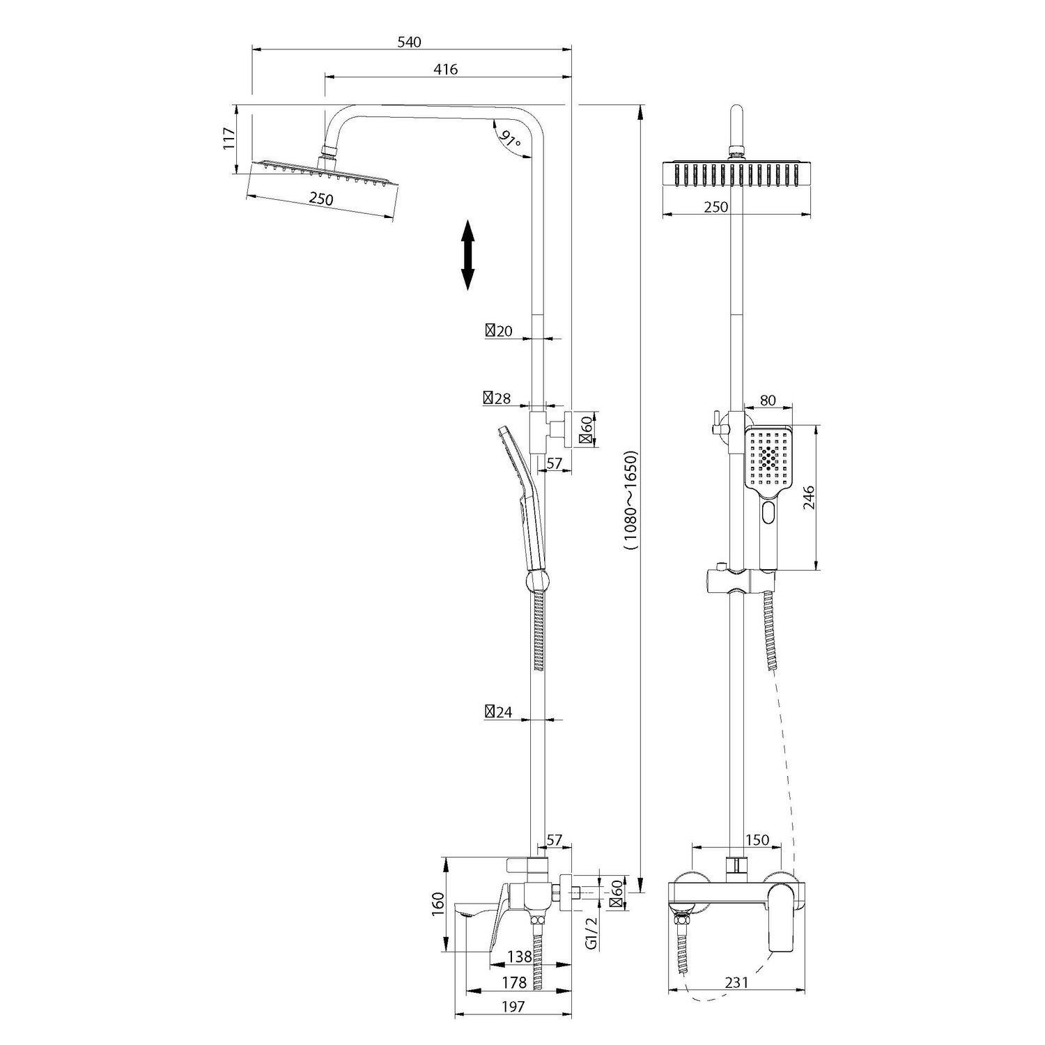 Душевая стойка Grossman Cosmo 500.K35.02.420, с верхним душем, смесителем, цвет графит сатиновый