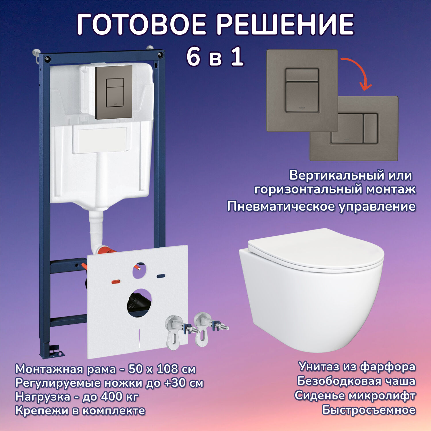 Комплект: Инсталляции JOKI Grand JK02155П+Кнопка 38732GUNGRAY оружейная сталь+Stella JK1061016 белый унитаз