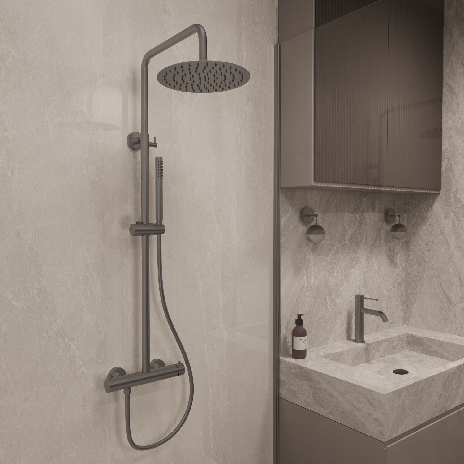 Душевая стойка Vincea City VSFS-4CT1GM, с верхним душем, смесителем, цвет брашированный никель - фото 1