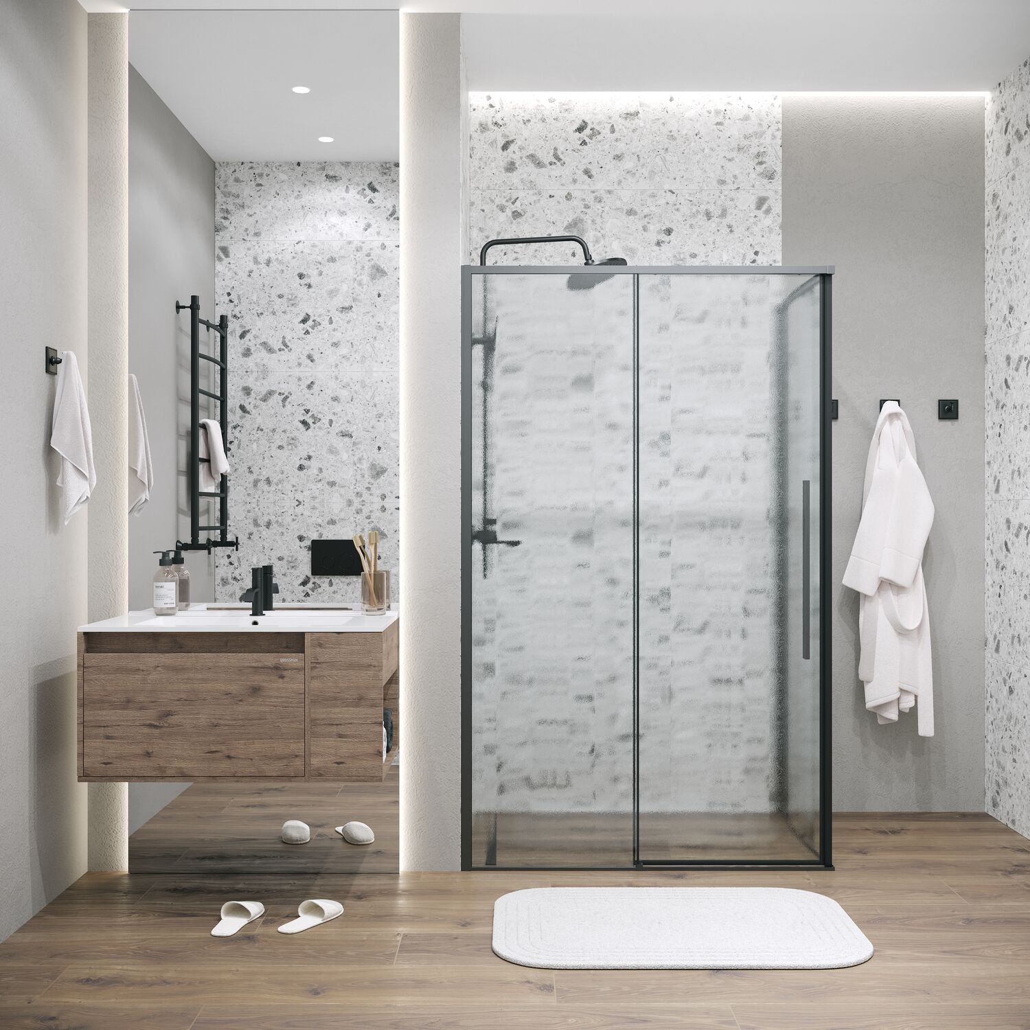 Душевой уголок Grossman Galaxy 130х90, левый, стекло шиншилла, профиль черный матовый - фото 1