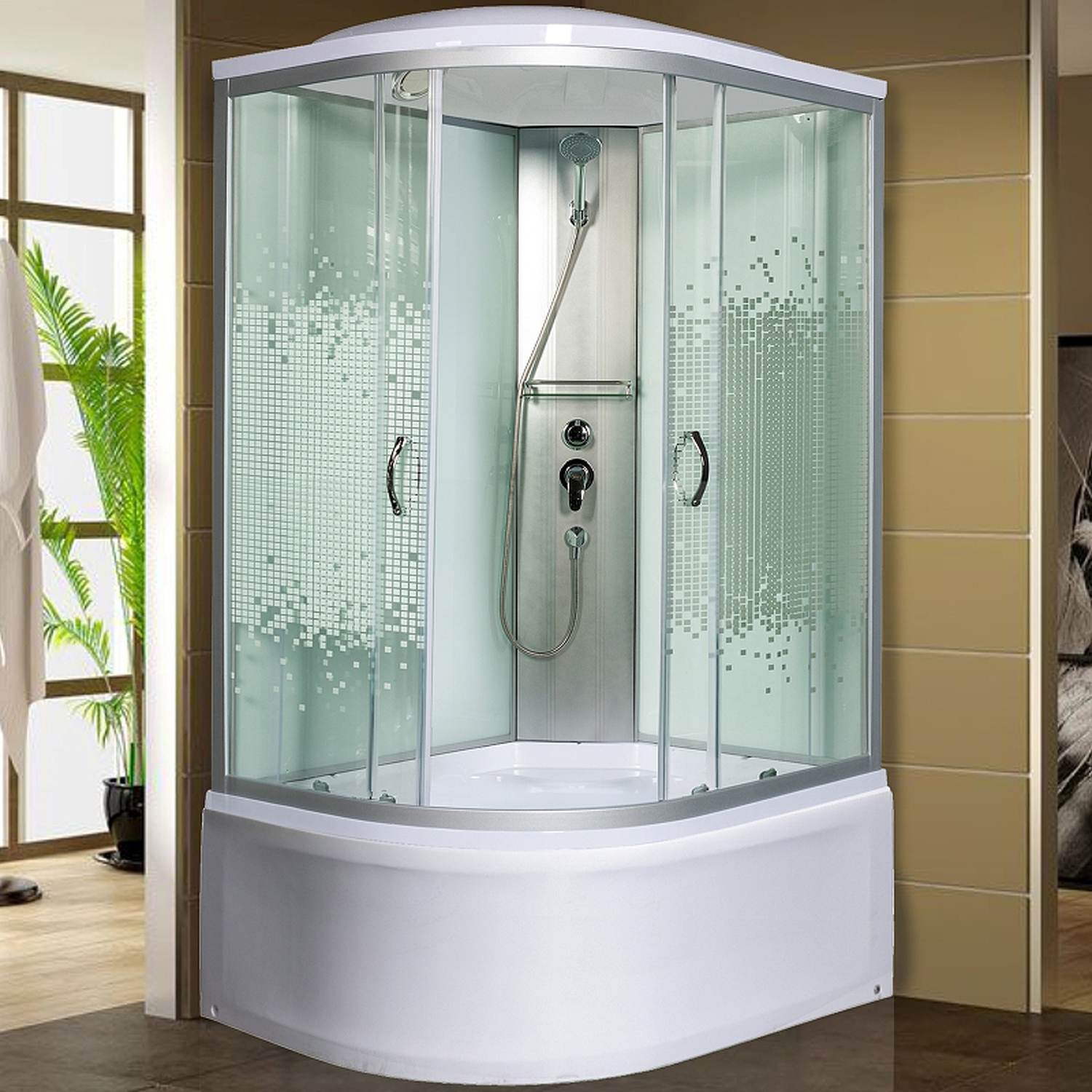 Душевая кабина Мономах XL 120/90/44 МЗ R 120x90, стекло прозрачное с рисунком мозаика, профиль хром, с крышей