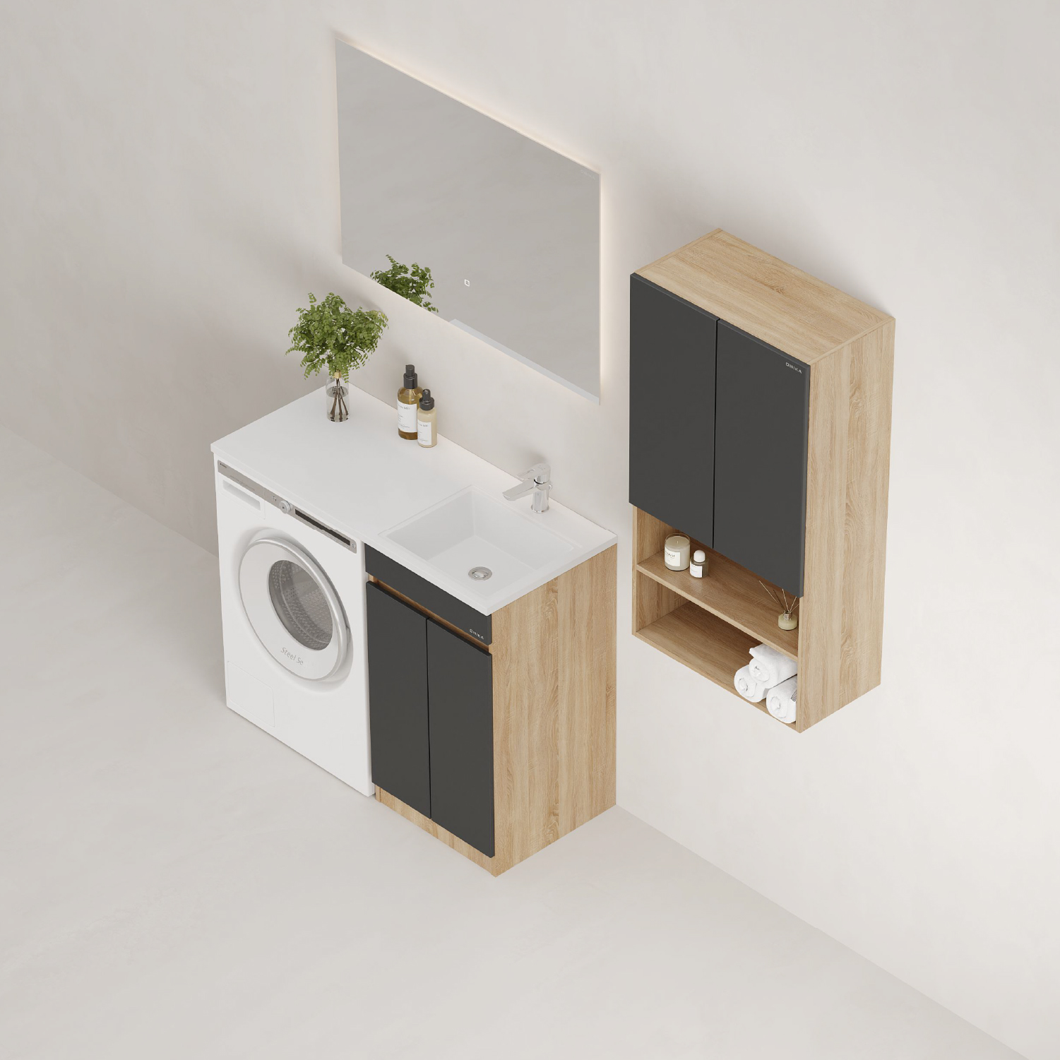 Мебель для ванной Оника Милтон Нова 120, с тумбой 58 см, с дверцами, цвет серый / дуб сонома