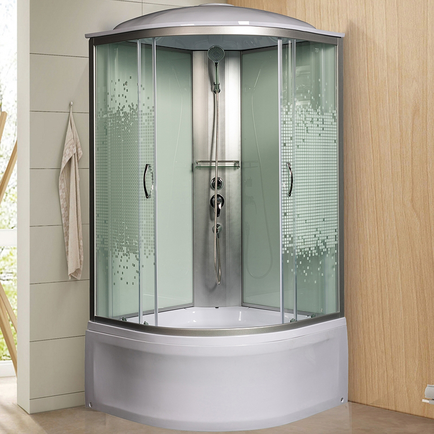 Душевая кабина Мономах XL 80/43 С МЗ 80x80, стекло прозрачное с рисунком мозаика, профиль хром, с крышей