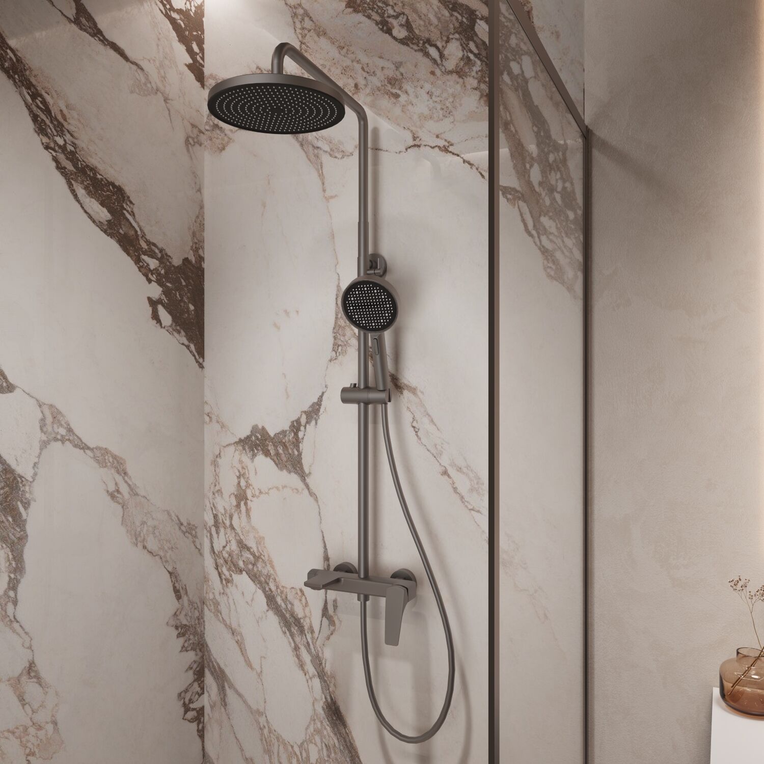 Душевая стойка Vincea Puro VSFS-5P1GM, с верхним душем, смесителем, цвет вороненая сталь - фото 1