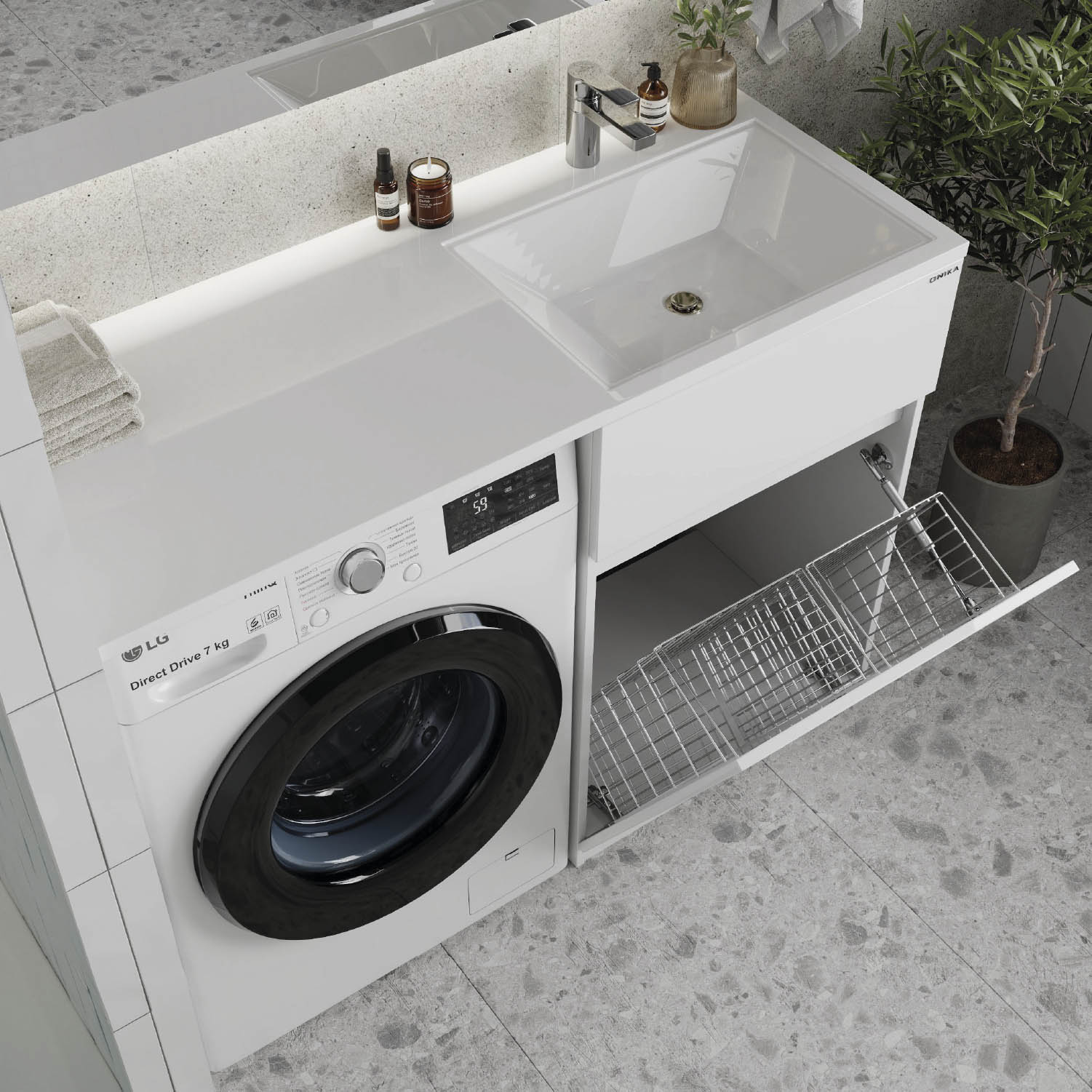 Тумба под раковину Оника Сорго 58, с бельевой корзиной, цвет белый - фото 1