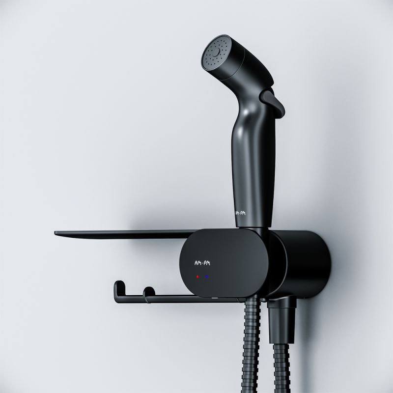 Гигиенический душ AM.PM Like F0202622, со встраиваемым смесителем, полкой, держателем туалетной бумаги и крючком, цвет черный