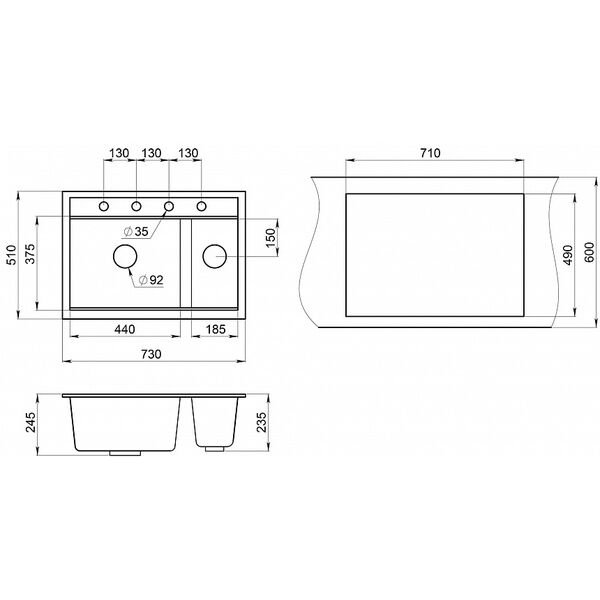 Кухонная мойка Granula Kitchen Space KS-7302 SV 73x51, 2 чаши, с дозатором для жидкого мыла, сушилкой, цвет шварц - фото 1