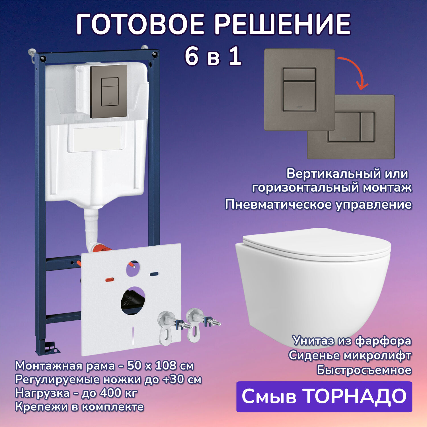 Комплект: Инсталляции JOKI Grand JK02155П+Кнопка 38732GUNGRAY оружейная сталь+Stella T JK1121064 белый унитаз