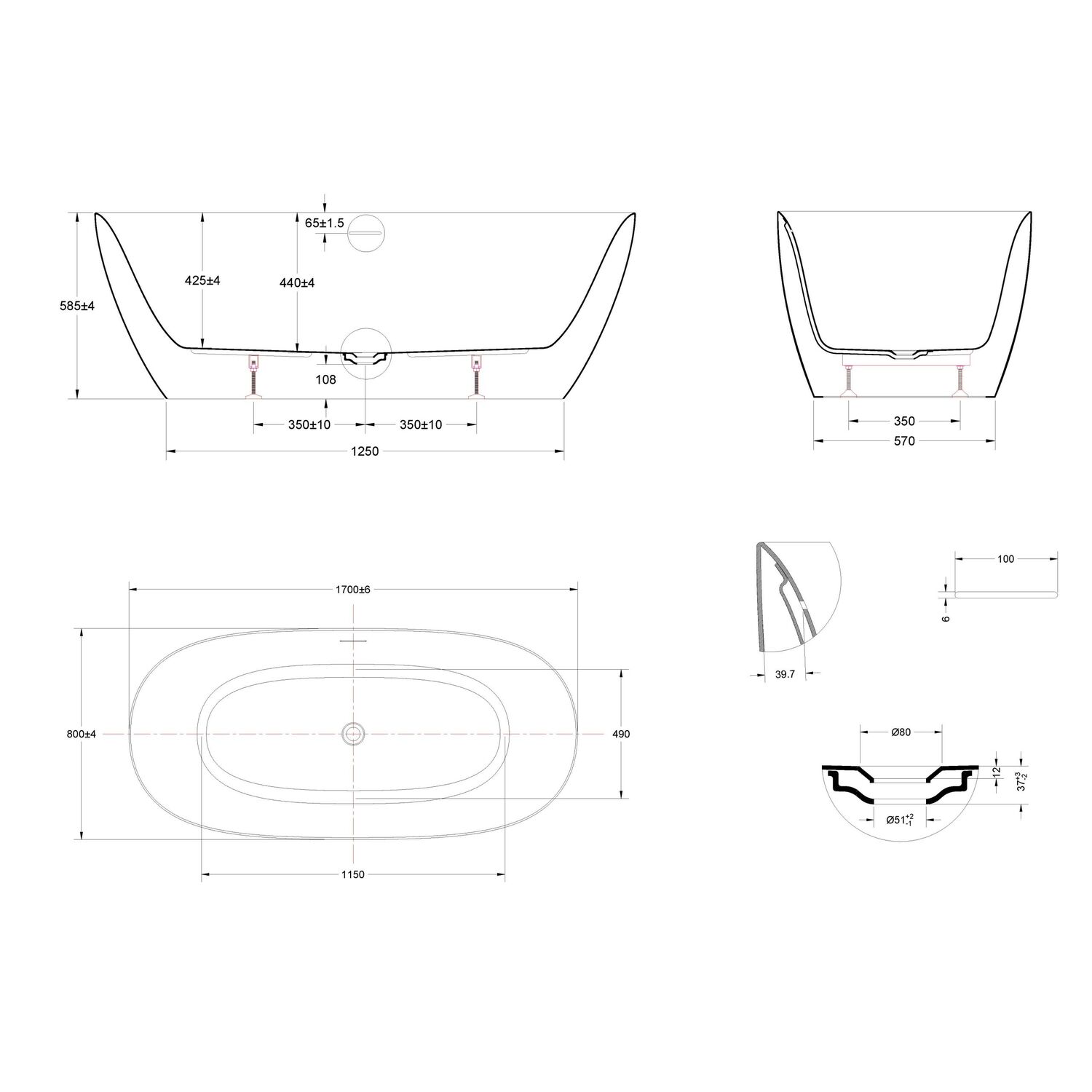 Ванна Vincea VBT-701-1700MW 170x80 акриловая, цвет белый матовый - фото 1