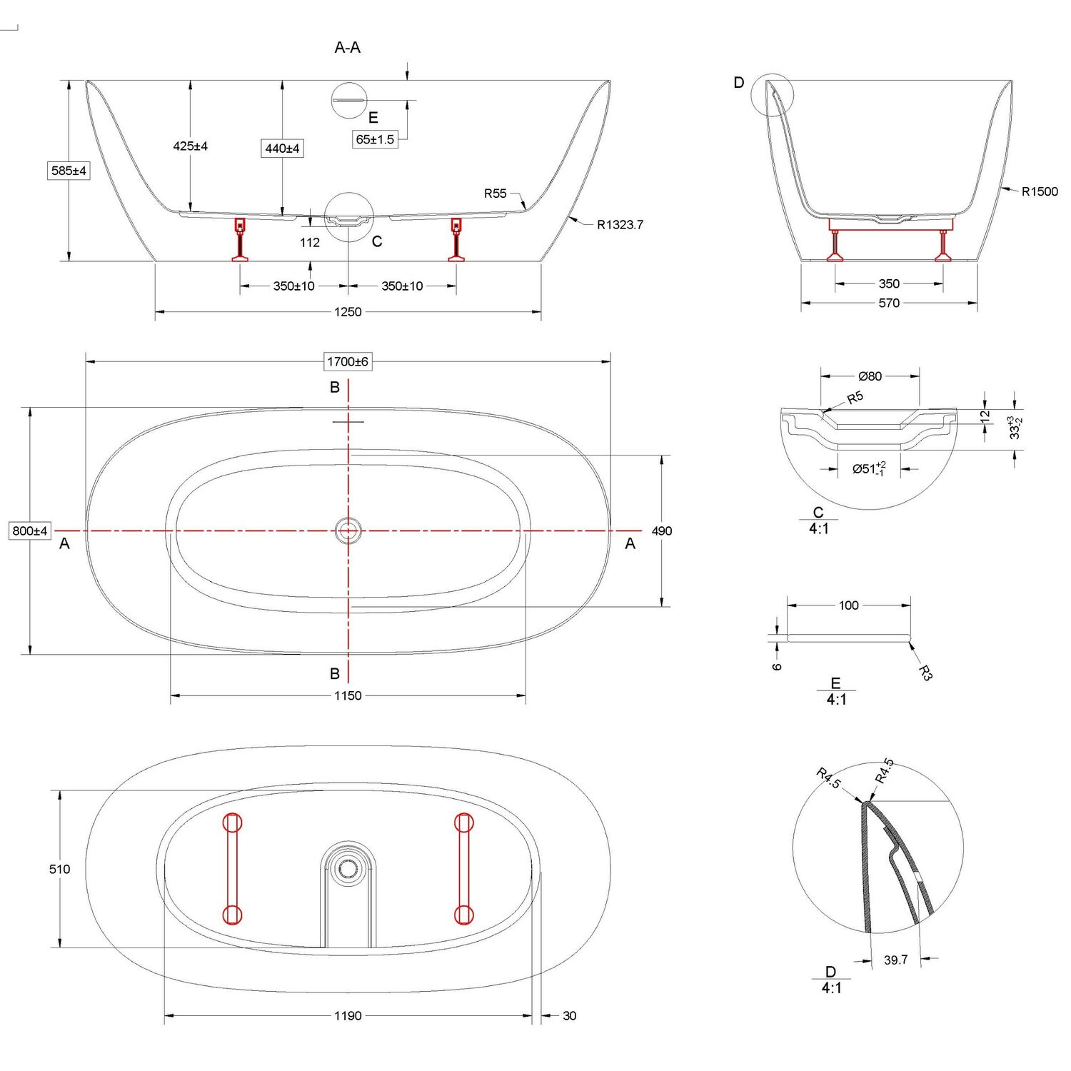 Ванна Vincea VBT-708-1700 170x80 акриловая, цвет белый - фото 1