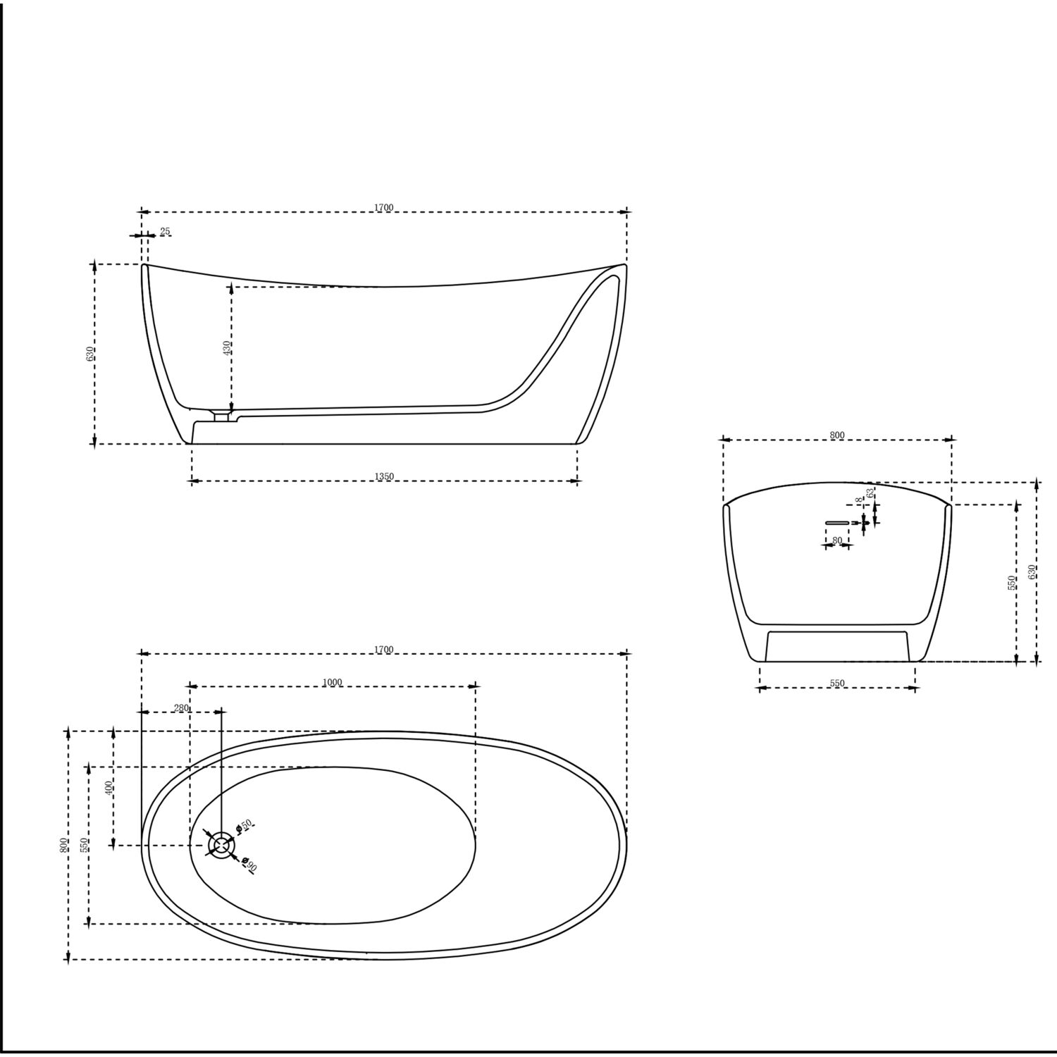 Ванна Vincea Solid Surface VBT-6S03MW 170x80, искусственный камнь, цвет белый матовый - фото 1