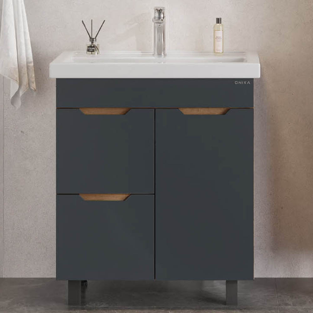 Тумба под раковину Оника Айленд 70, с бельевой корзиной, цвет графит / дуб крафт золотой