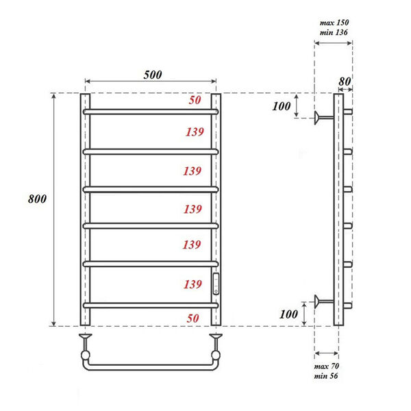 Полотенцесушитель Point П6 50x80 электрический, правый, цвет хром