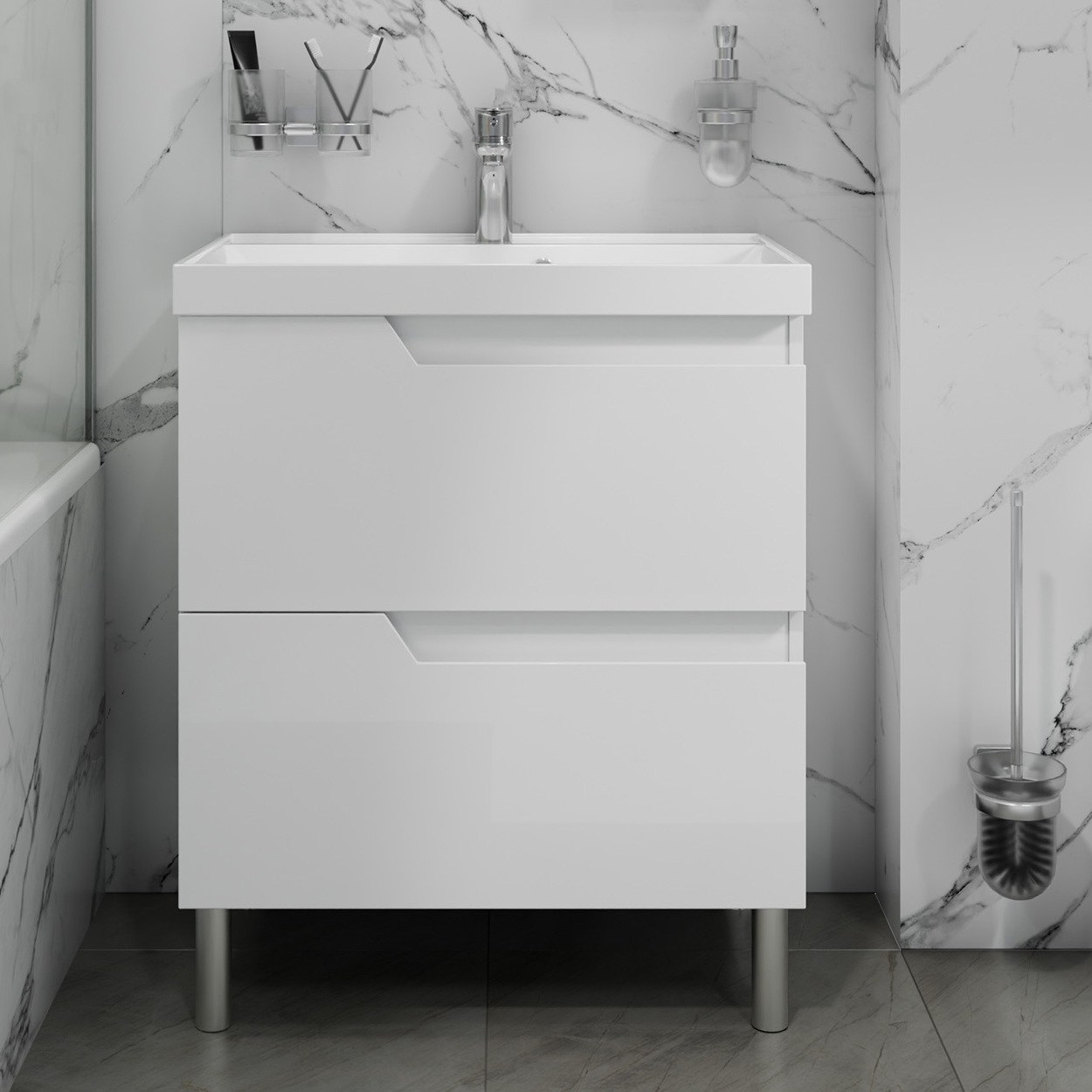 Тумба под раковину Санта Антарес 70, напольная, 2 ящика, цвет белый глянец