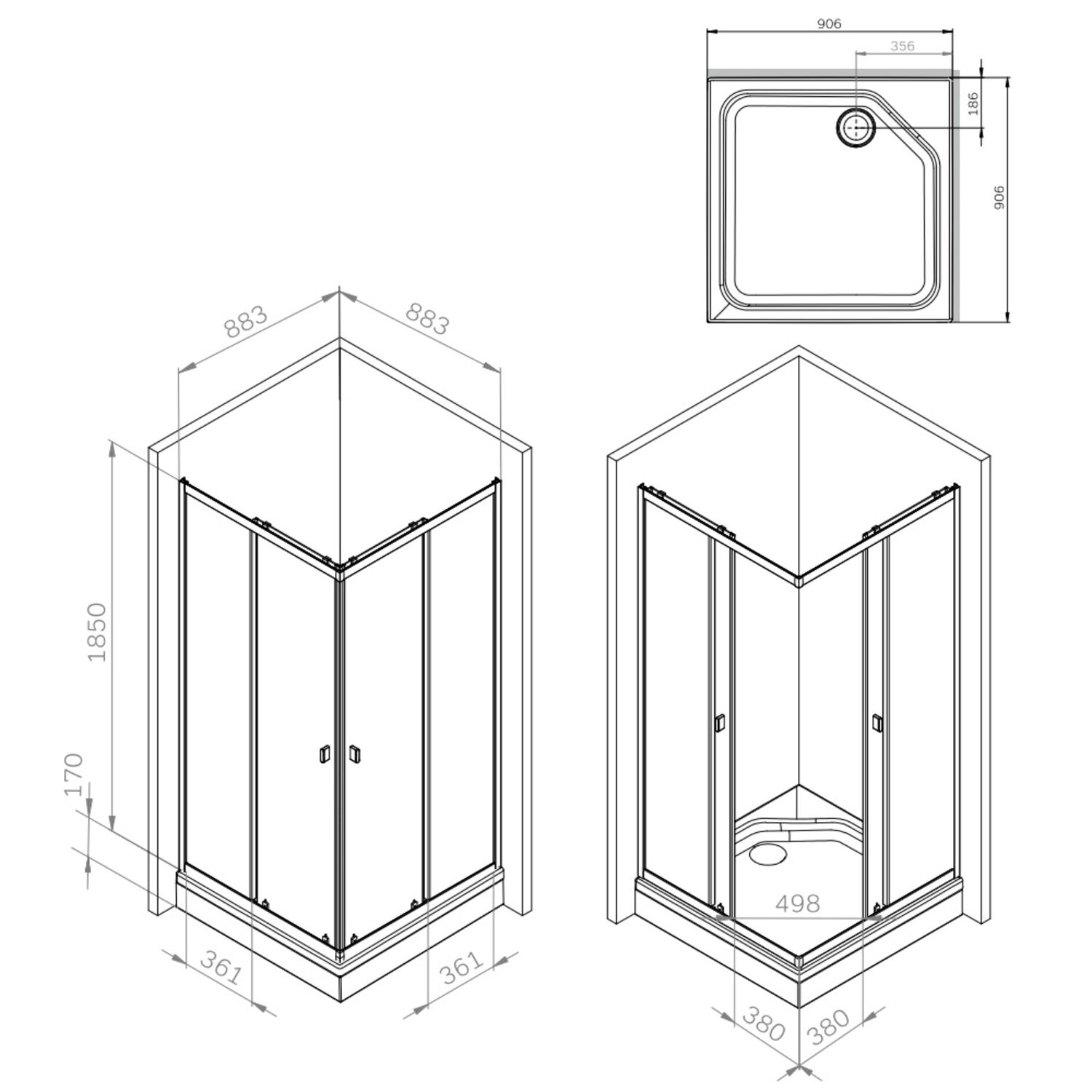 Душевой уголок AM.PM Sense W76G-403-9090-BT 90x90, стекло прозрачное, профиль черный - фото 1