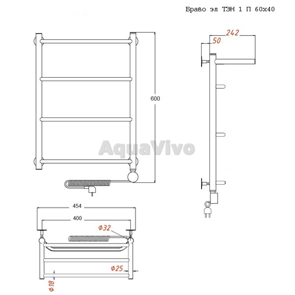 Полотенцесушитель Тругор Браво эл ТЭН 1 П 60х40 электрический, с полкой - фото 1