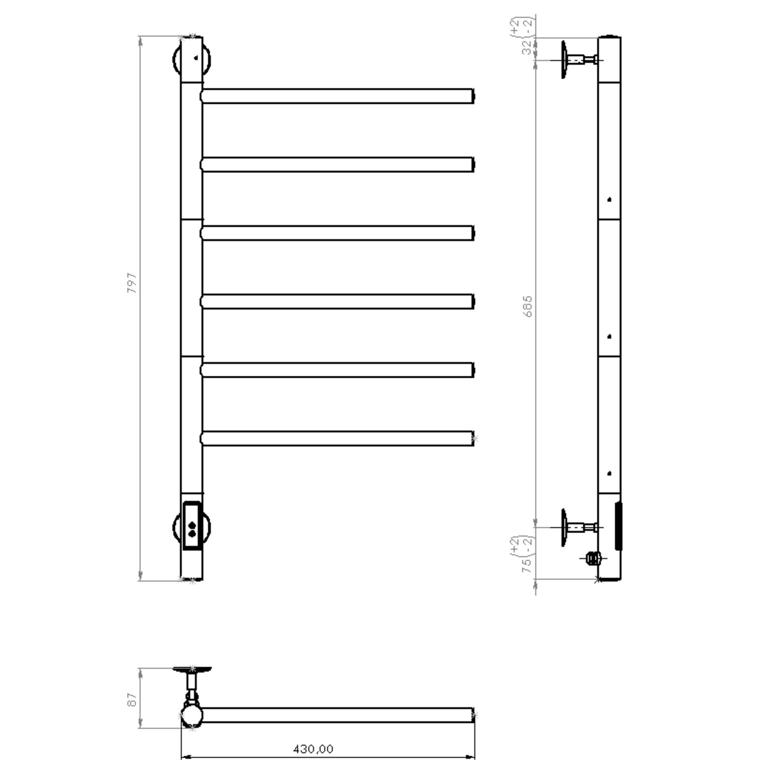 Полотенцесушитель Vincea VTD-1S2CBE 43х80 электрический, цвет черный матовый - фото 1