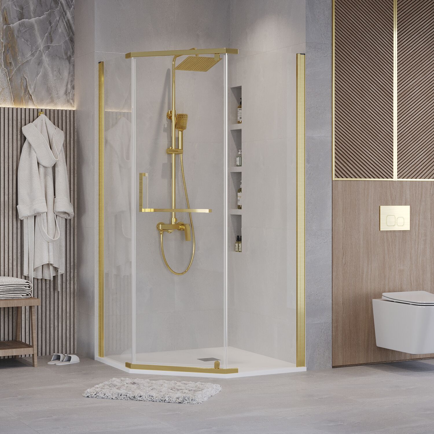 Душевой уголок Grossman Pragma 302.K33.03.1010.32.00 100х100, стекло прозрачное, профиль золото сатин - фото 1