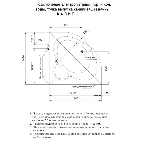 Акриловая ванна Акватек Калипсо 146х146, цвет белый